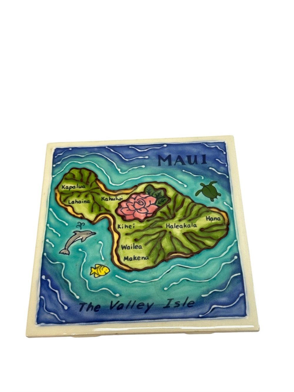 Island of Maui Handpainted Map Ceramic Tile 6” Banana Patch Studio